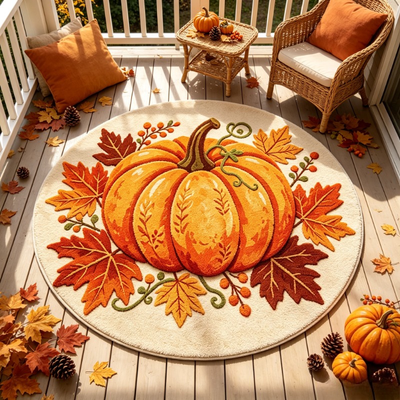 Wholesale Commercial Printing - พรมวงกลมลายเก็บเกี่ยวฟักทองฤดูใบไม้ร่วง, พรมปูพื้นลายใบเมเปิลและผลเบอร์รี่สำหรับเทศกาลขอบคุณพระเจ้า, พรมตกแต่งห้องนั่งเล่น