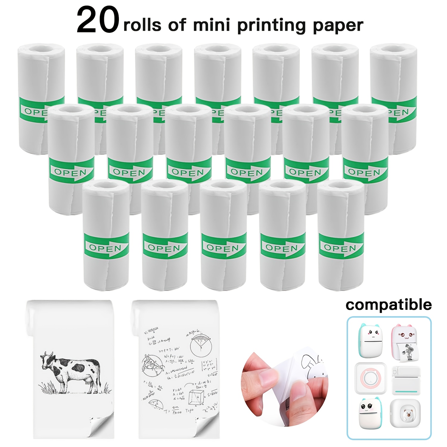 Heat Transfer Vinyl Roll - 20 ม้วนสีขาวความร้อนสติกเกอร์กระดาษ Self-Adhesive Mini เครื่องพิมพ์เติมสําหรับรูปภาพ/รายการเช็ค/หมายเหตุการพิมพ์ข้อความสีดํา 57x25