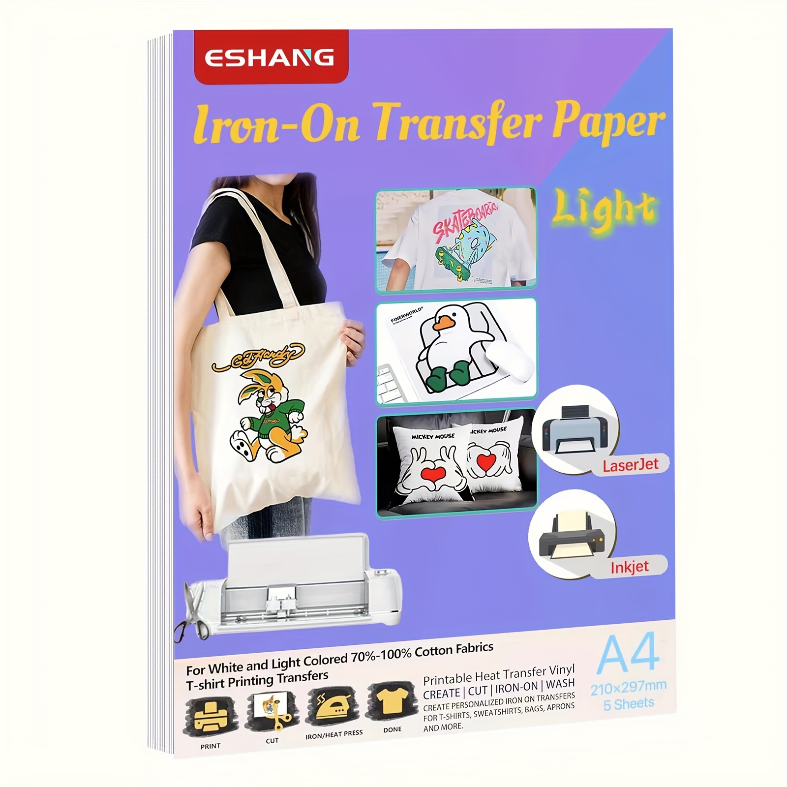 Heat Transfer Vinyl Roll - กระดาษถ่ายโอนความร้อนขนาด A4 สำหรับผ้าสีอ่อน 5 แผ่น สำหรับไวนิลถ่ายโอนความร้อนแบบพิมพ์ได้สำหรับเครื่องพิมพ์อิงค์เจ็ทและเลเซอร์เจ็ทและงานวาดภาพ