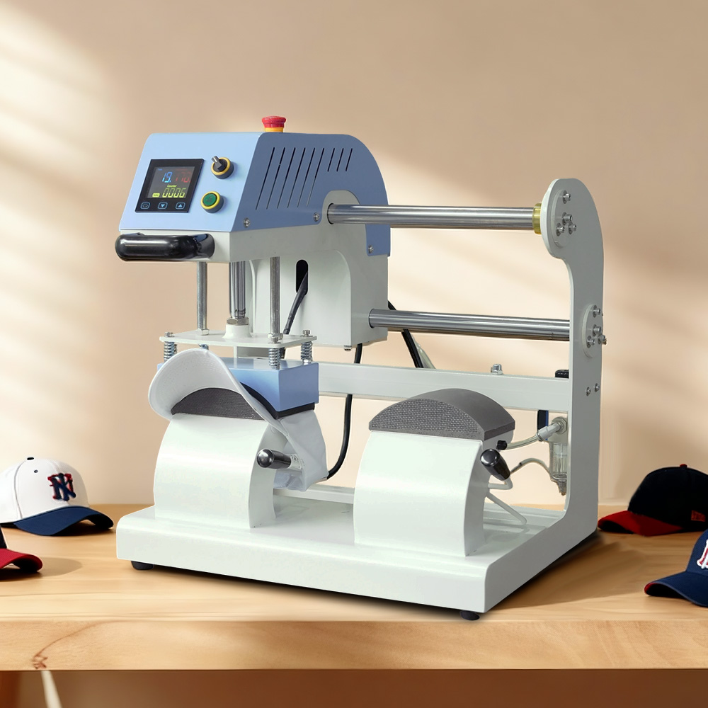 Commercial Grade Printing Press - เครื่องกดความร้อนแบบสองแผ่นสำหรับงานพิมพ์หมวก ระดับเชิงพาณิชย์ พร้อมระบบตั้งเวลาอัตโนมัติและควบคุมอุณหภูมิ